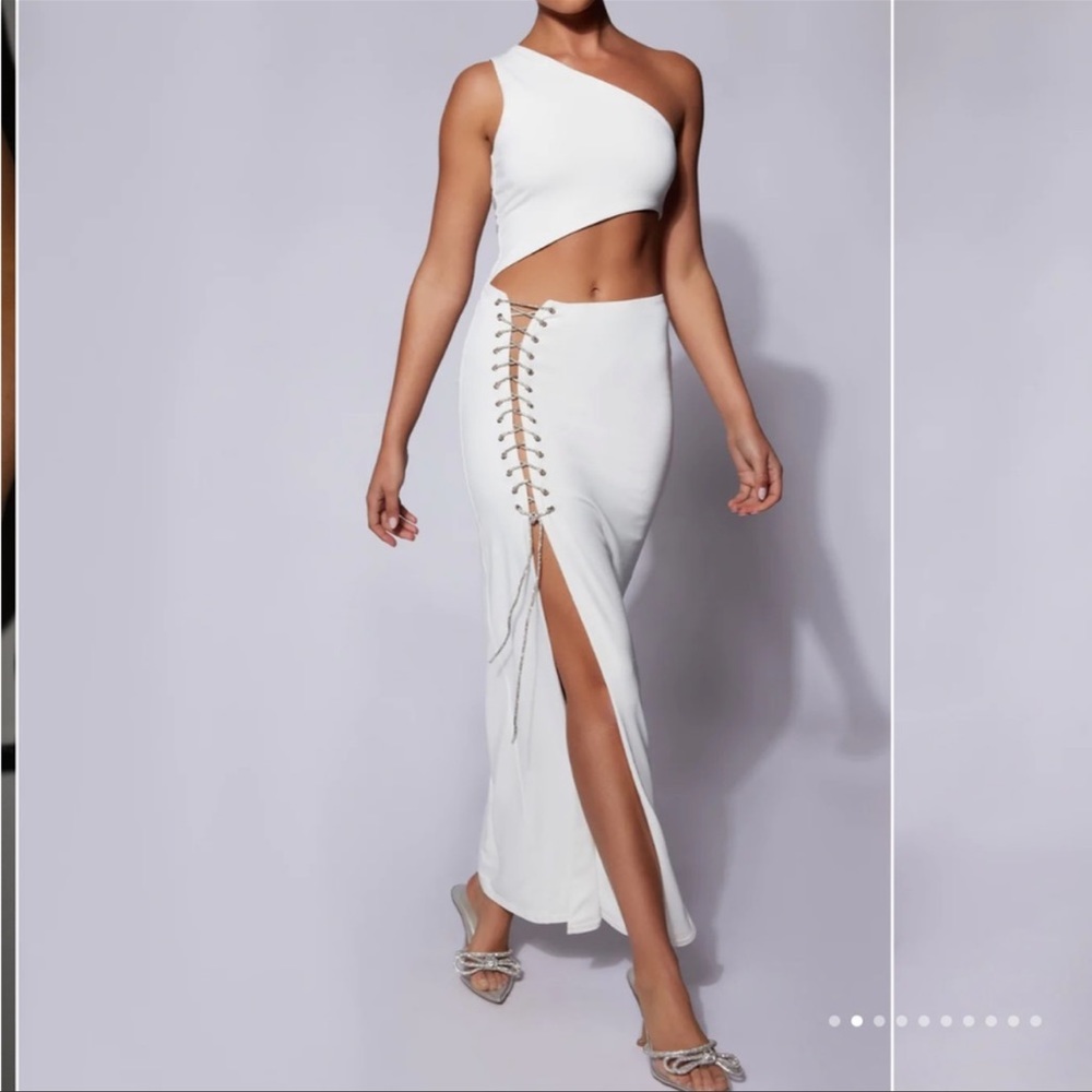 Meshki Margot One Shoulder Maxi Dress with Diamanté Rope - White